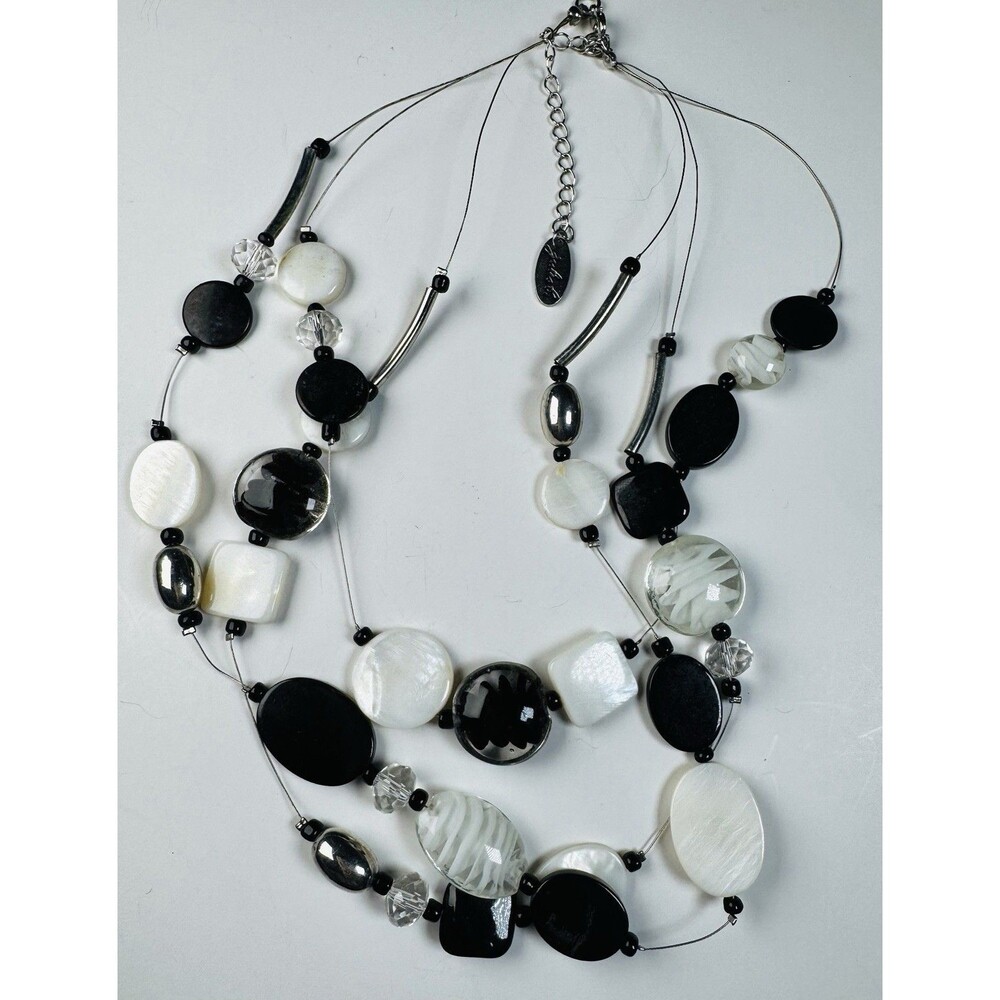Jules B 18” Black White Glass Bead Necklace Multi Strand Statement Jewelry